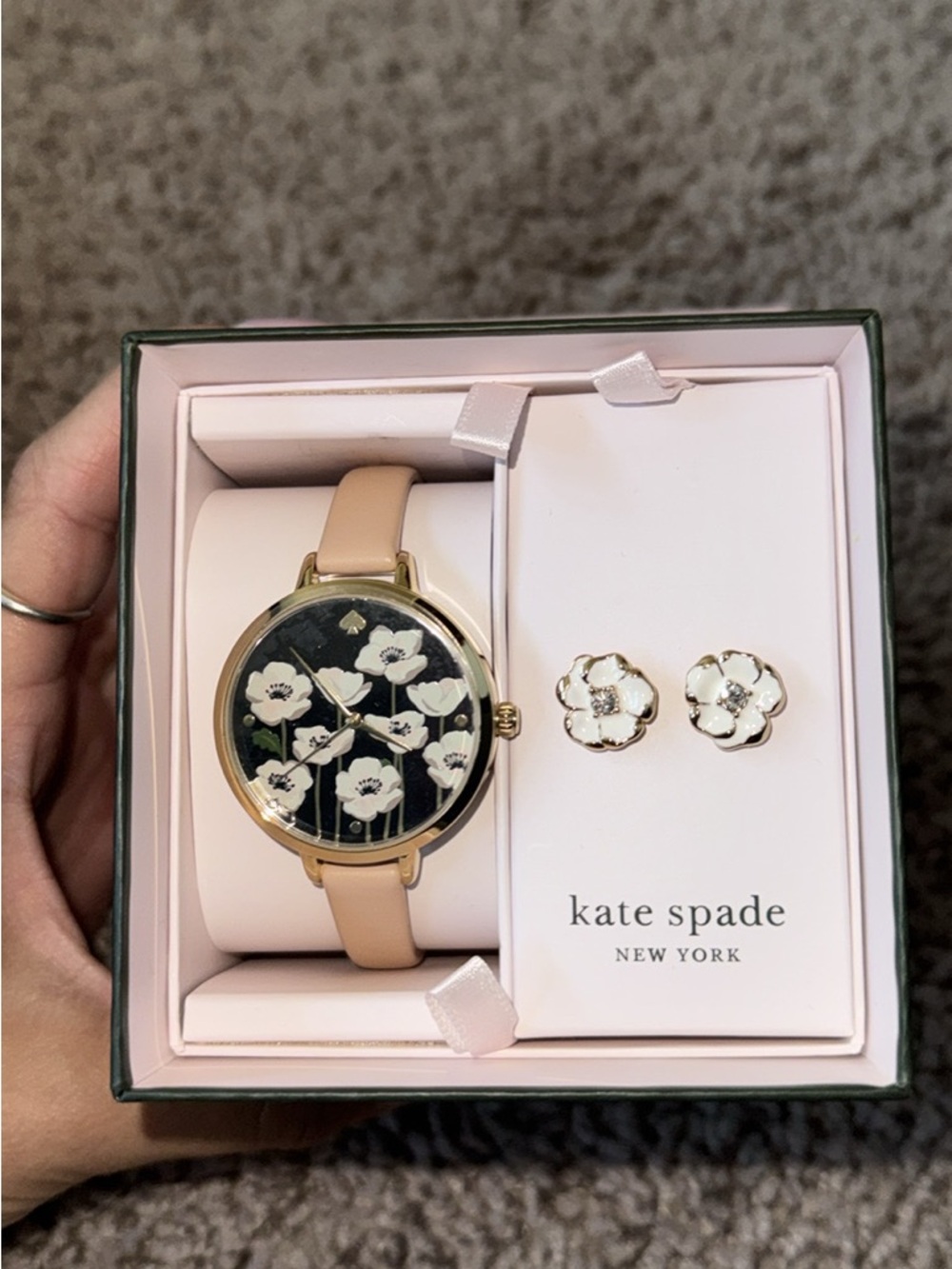 Kate Spade New York Women's Floral Dial Pink Leather Watch and Earrings Set